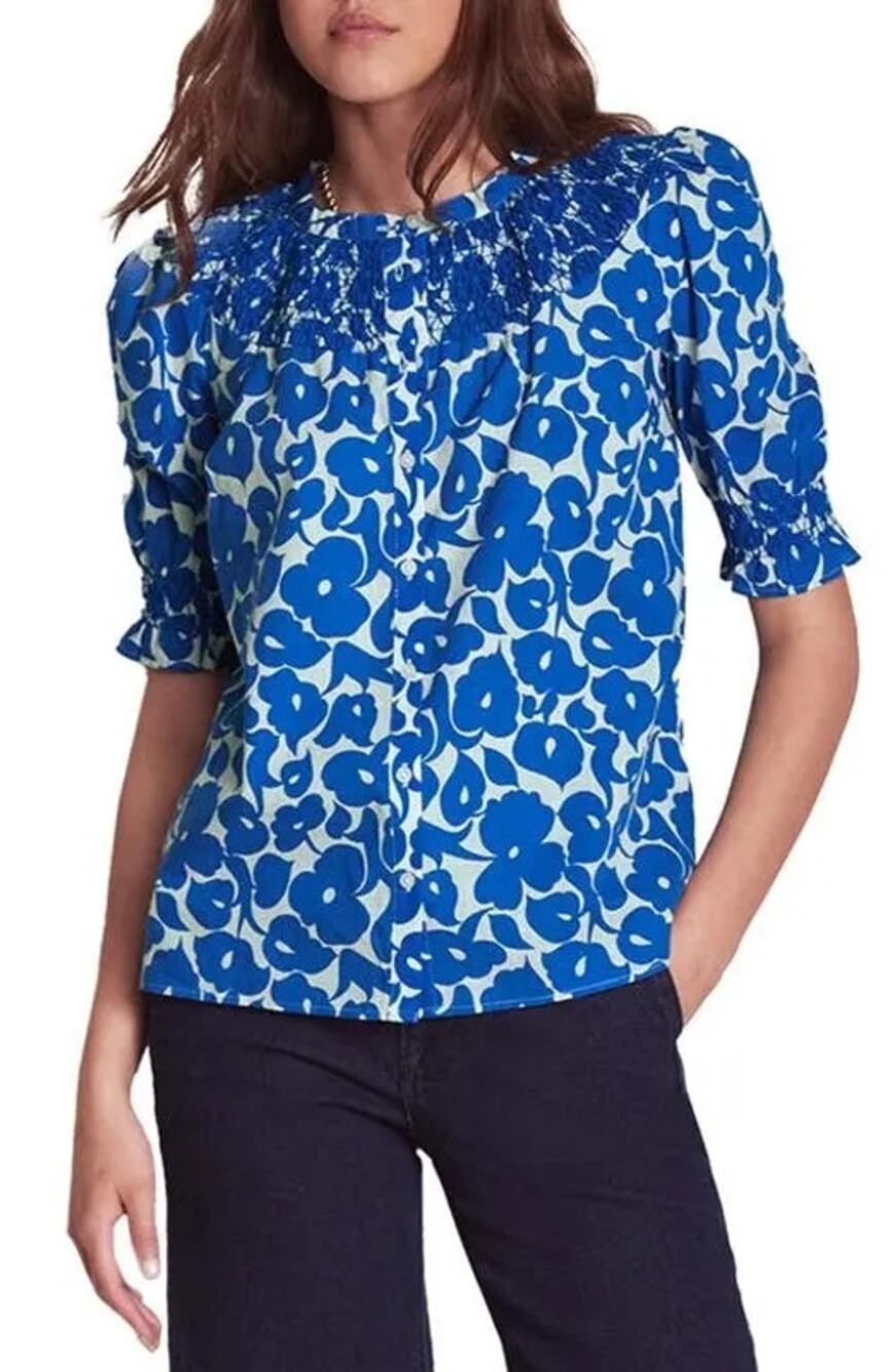 BODEN Effie Printed Top Blue White Floral Smocked Cotton Blouse Sz 8 Cottagecore